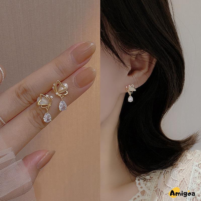 Opal Butterfly Love Water Drop Zircon Earrings Desain Niche Wanita Anting Temperamen Kelas Atas - AG2