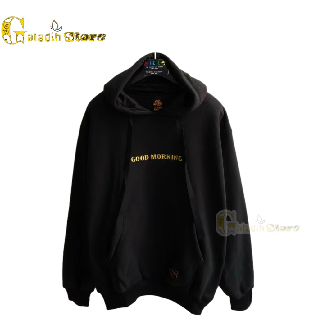 Hoodie Pria Distro original brand tebal Sweater Good Morning Basic Hitam Sablon Gold Unisex Terbaru