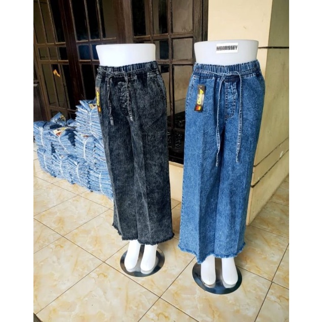 Celana kulot jeans panjang rawis highwaist premium boyfriend saku dalam  kulot jeans panjang karet pinggang saku tempel kulot snow blue