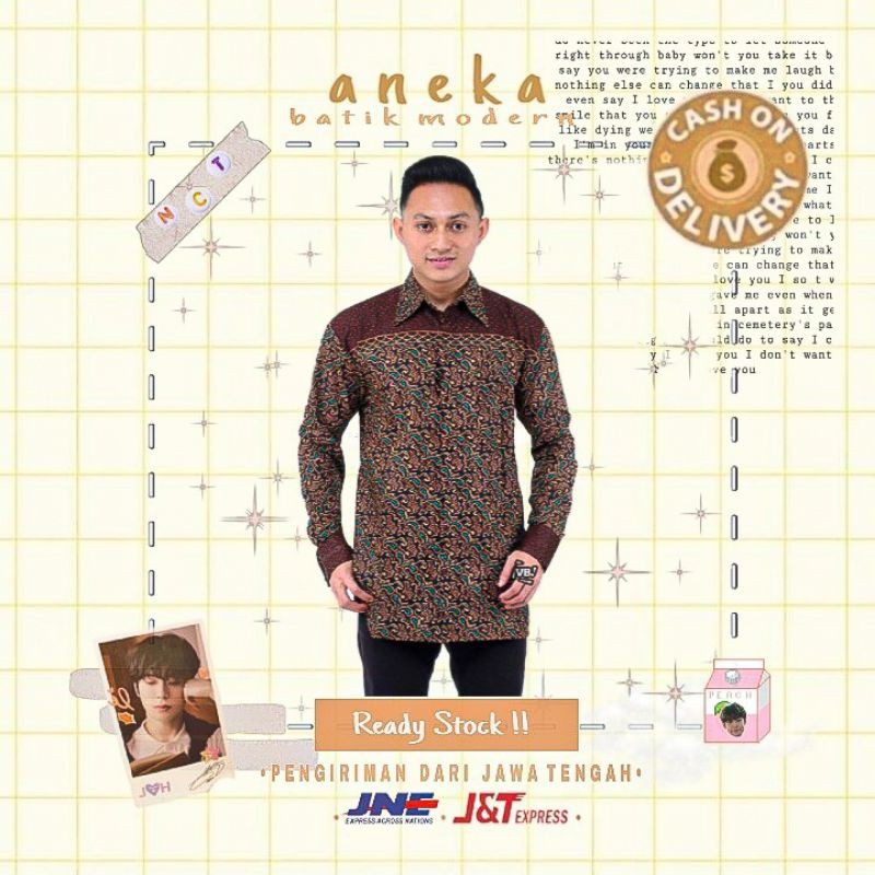 KEMEJA HEM ATASAN BAJU BATIK PRIA LENGAN PANJANG KERJA KANTOR KONDANGAN WARNA COKLAT HIJAU TOSCA
