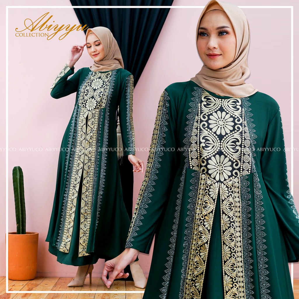 Abiyyuco GL1015 | Abaya Turkey Hitam dan Warna  Seragam Pengajian, Ready Turki Jumbo LD 125  Turky Bahan Jersey mix Ceruty dengan Bordir Renda dan Mote Swarovski,