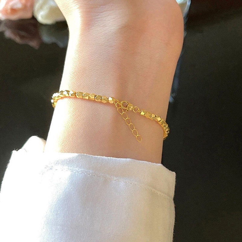 Gelang Titanium Wanita Anti Karat Manik Kubus Emas 18K Mewah Aksesoris Korea