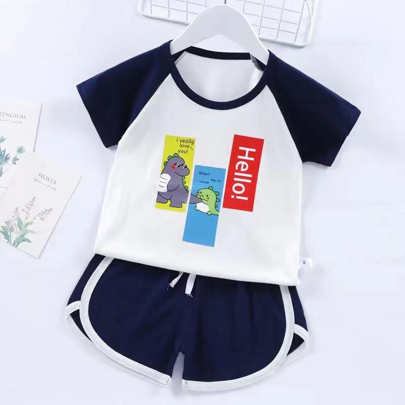 Goblin♛ PB047 COD Baju Jumper Anak bayi Romper Tidur Setelan Celana Pendek Piyama Santai Fashion Korea Import-DINO BIRU TUA