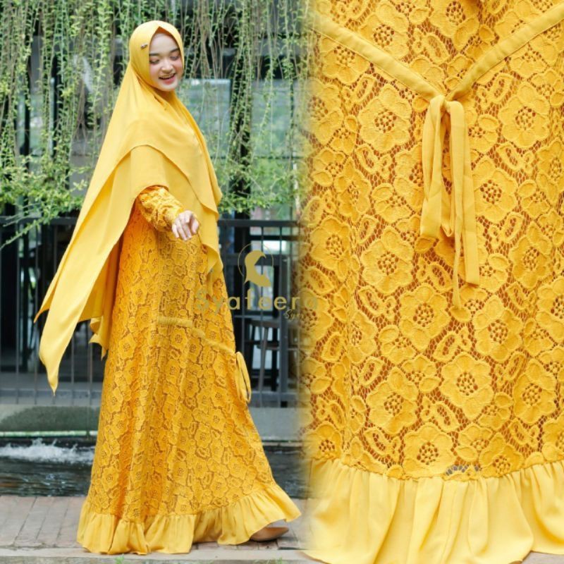 READY Set syari brukat mustard original SYAFEERA