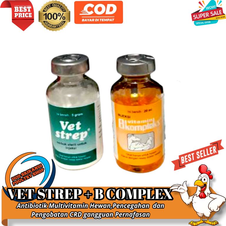 vet strep 5gram + b kompleks 20ml bns suntik obat vitamin ayam burung merpati snot pilek ngorok CRD 
