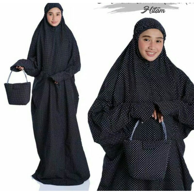 Mukena Terusan Langsung Hitam Polkadot