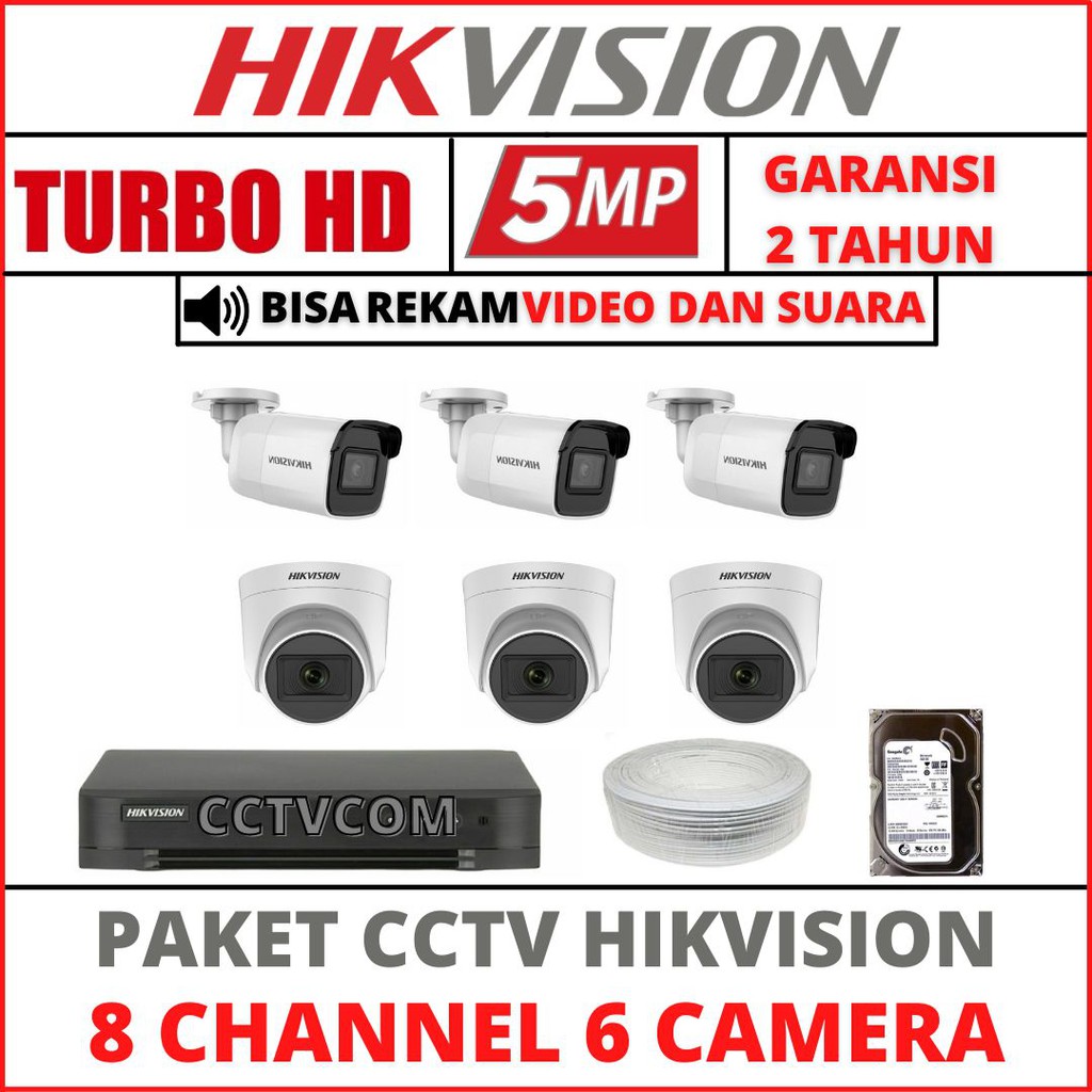 PAKET CCTV HIKVISION 8 CHANNEL 6 KAMERA 5MP 3K TURBO HD/AUDIO KAMERA CCTV KOMPLIT TINGGAL PASANG