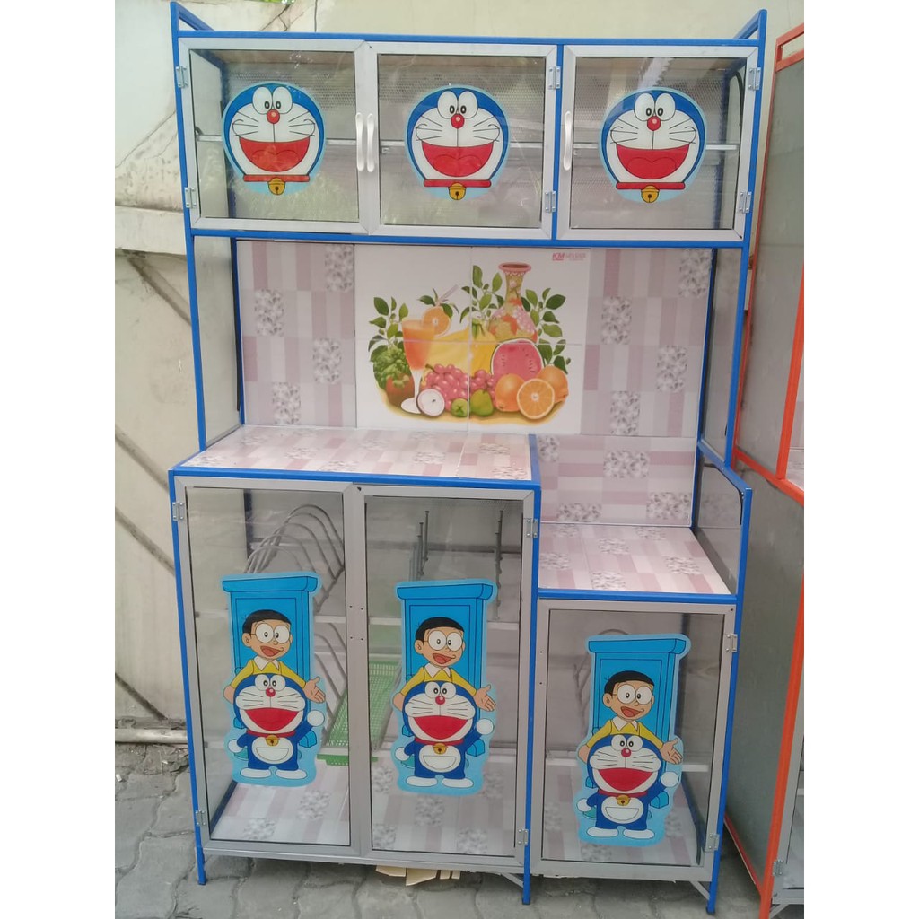  Rak  piring  3 pintu Tiang Warna Kaca Lukis Bawah  Keramik 