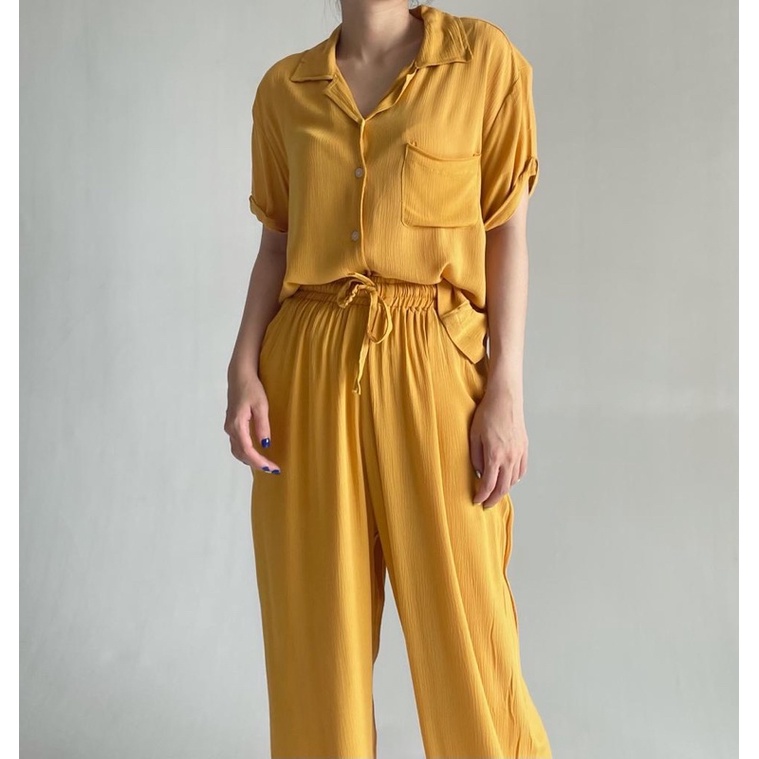 Claire Homewear Set | Rayon Crinkle Comfy Set-Mustard