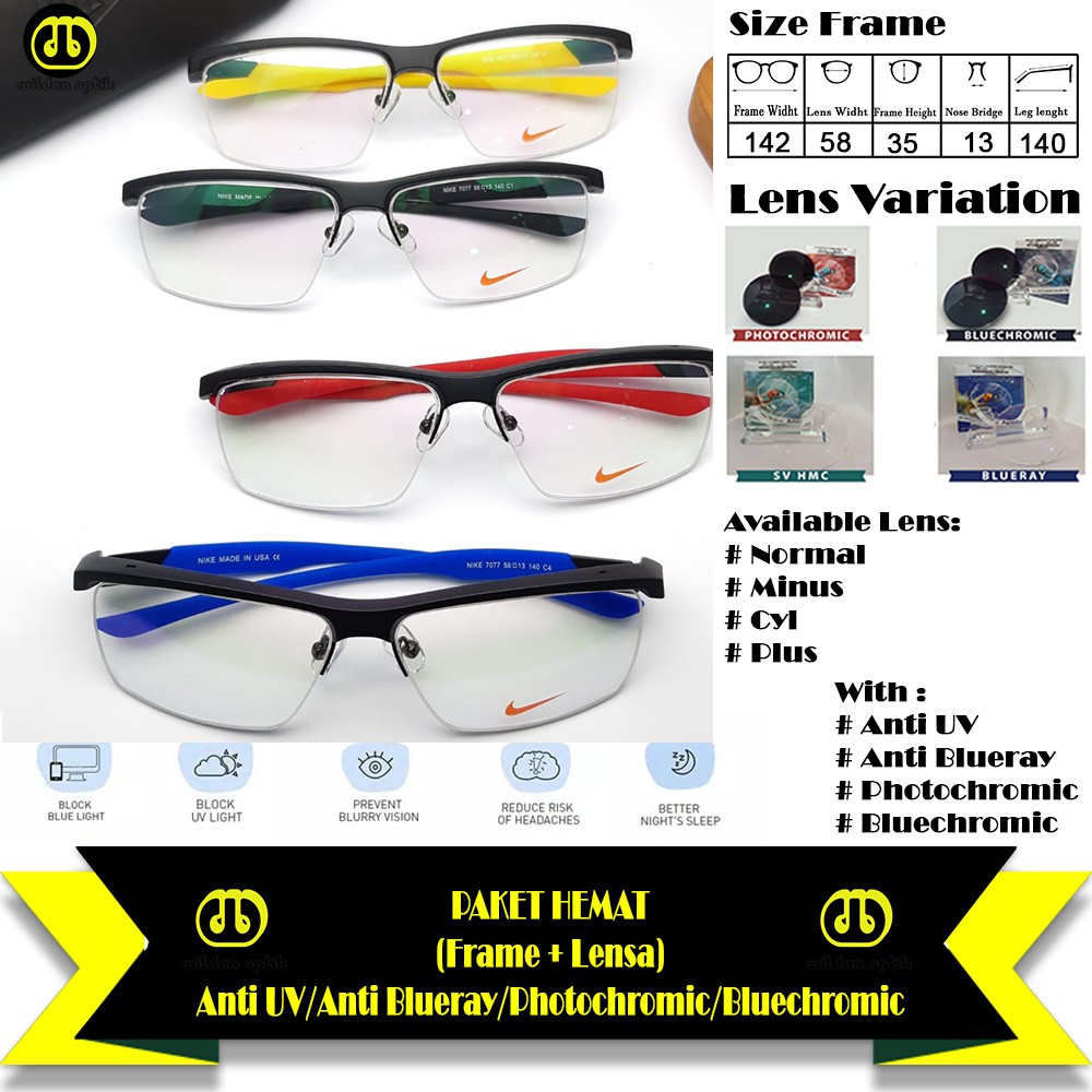 PAKET KACAMATA(FRAME+LENSA) HALF FRAME NIKE 7077 ANTI UV/BLUERAY/PHOTOCHROMIC/BLUECHROMIC TERMURAH