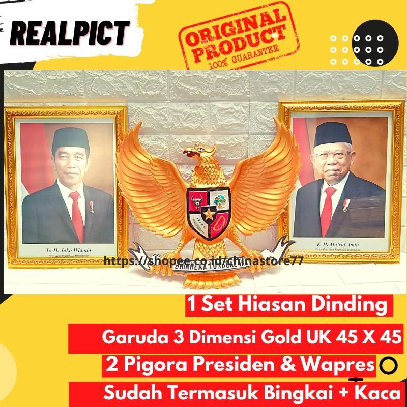 Foto Presiden dan Wakil Lambang Patung Burung Garuda Pancasila Dinding Kantor 3 Dimensi 1 SET GARUDA