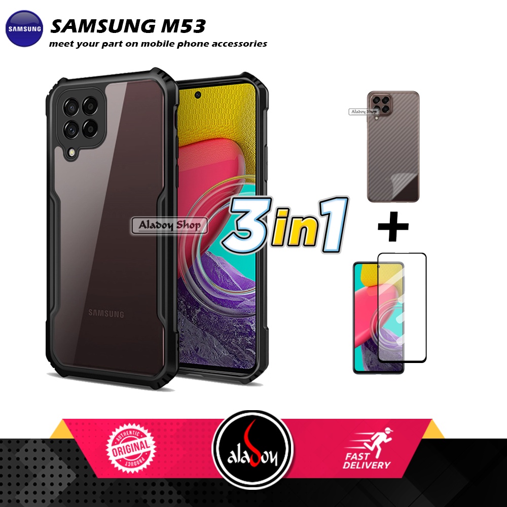 Case Samsung M53 2022 Armor Fushion Transparent Casing + Tempered Glass Full Layar dan Skin Carbon