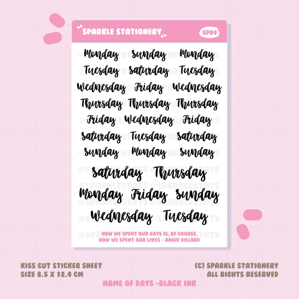 

SP04 Name of Days Black Ink | Sparkle Stationery Planner Sticker Bullet Journal Diary Sticker