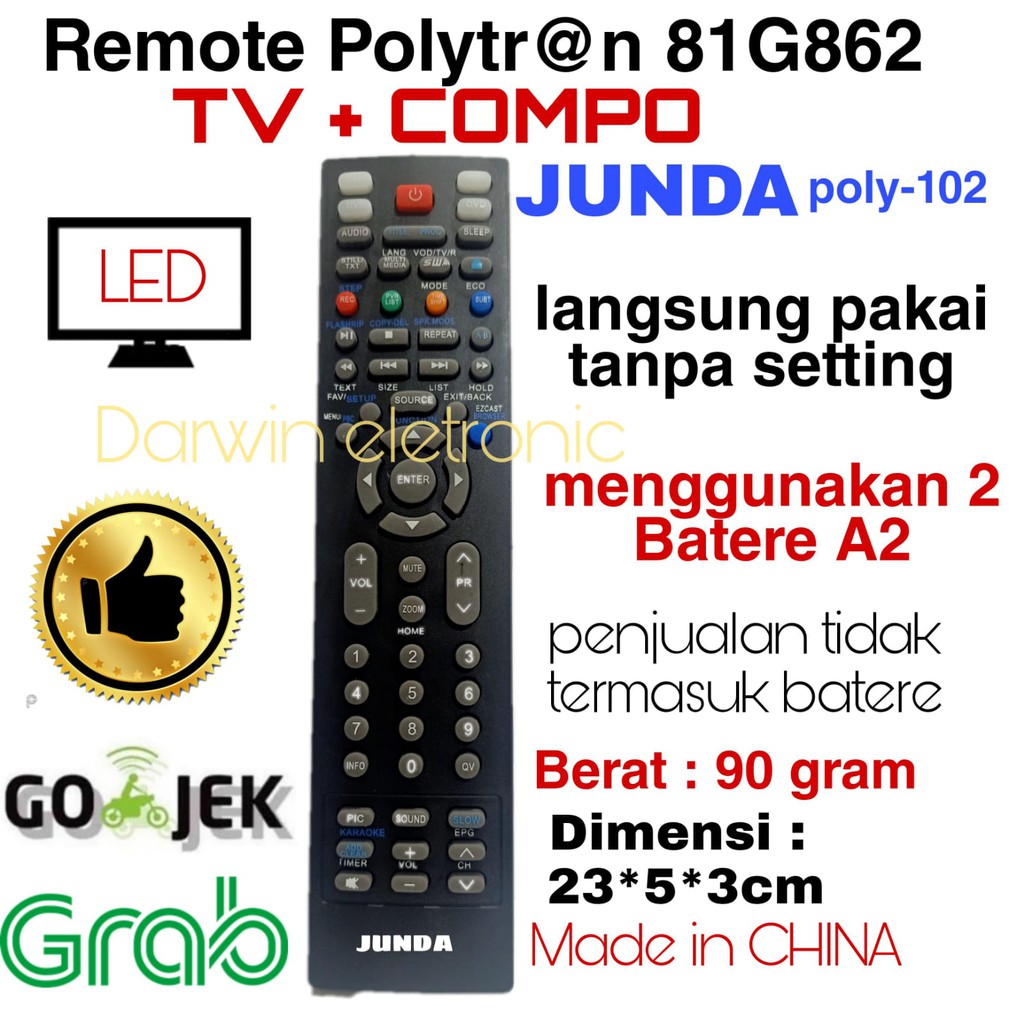 REMOTE TV LED POLYTRON 81G862 JUNDA POLY 102 MULTI UNIVERSAL