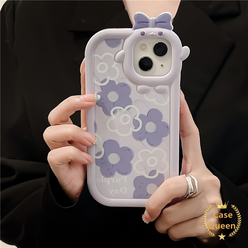 Case Oppo A17 A15 A7 A52 A92 A92 A96 A76 A5S A12 A3S A12E A53 A74 A95 A16K A17K A16E Reno5 5F 4F A16 A5 A9 A15s A57 A54 A31 A55 A16s Bow-knot Little Monster Lensa Ungu Flowers Cover