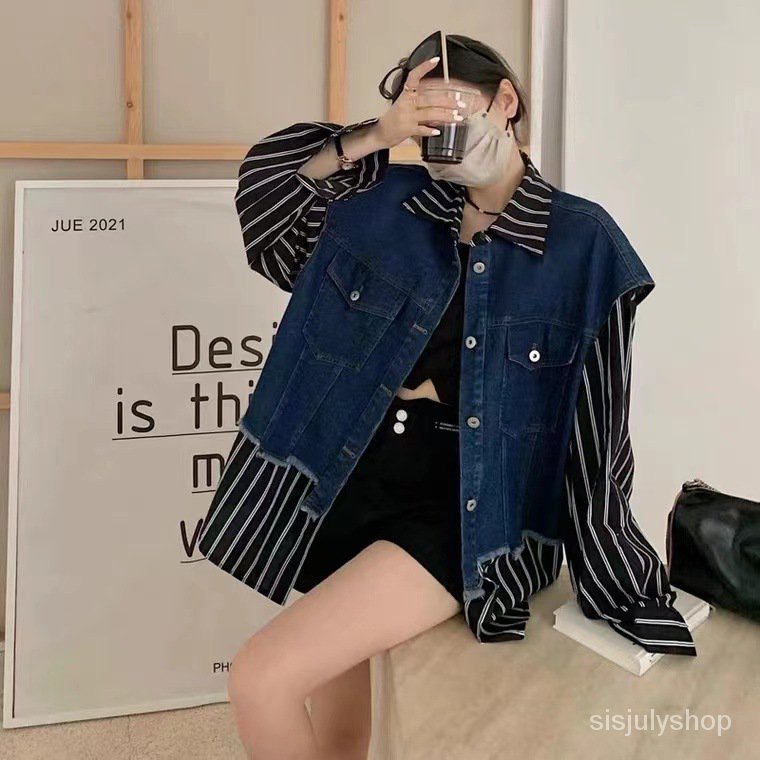 #Sisjuly# Jaket Kemeja Bergaris Panel Denim Wanita