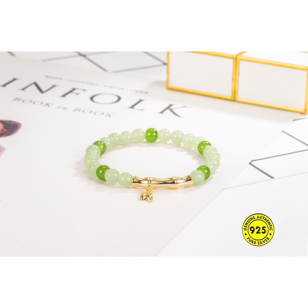 Gelang Tangan Manik-Manik Batu Jade Hetian Bambu Lapis Emas 18K Untuk Wanita