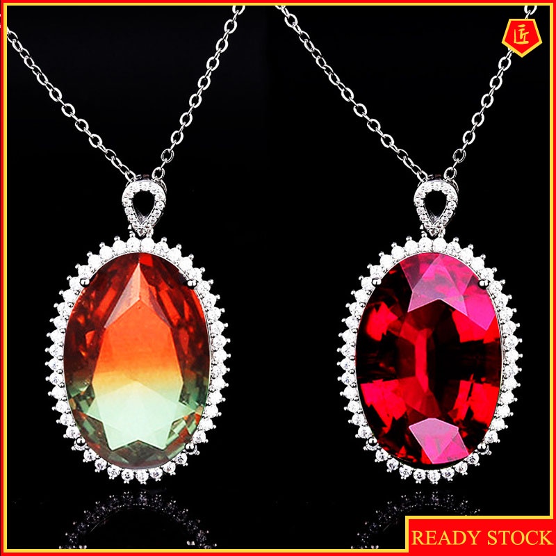 [Ready Stock]Colored Gems Watermelon Tourmaline Pendant Luxury Ruby Necklace for Women