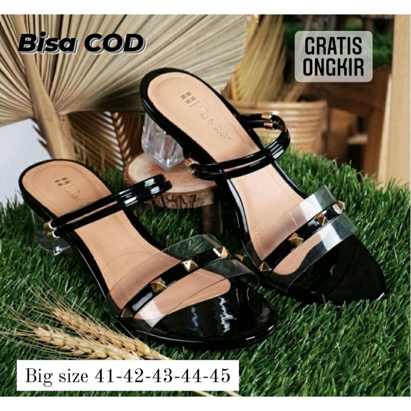 Sepatu Wanita Hak Kaca Big Size 41-45 SLop Kaca Makazi Black JUMBO Gemuk Pesta Hitam, 44