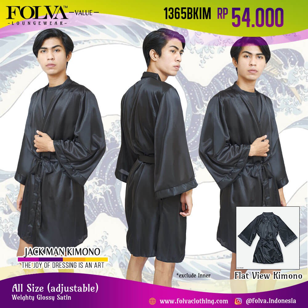  FOLVA  kimono  cowok baju tidur satin 1365BKIM hitam all 