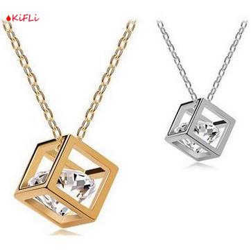 Kalung Alloy Anti Karat,Crystal Rantai dengan Liontin,Batu Zircon Bentuk Kotak,untuk Wanita