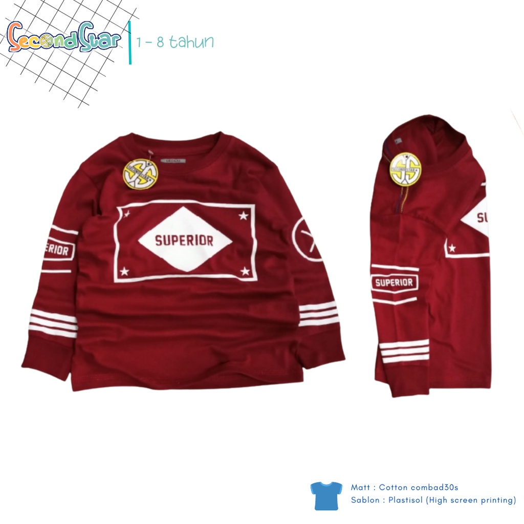 Secondstar baju anak laki laki perempuan unisex Kaos oblong lengan panjang warna marun maroon 1-8 tahun