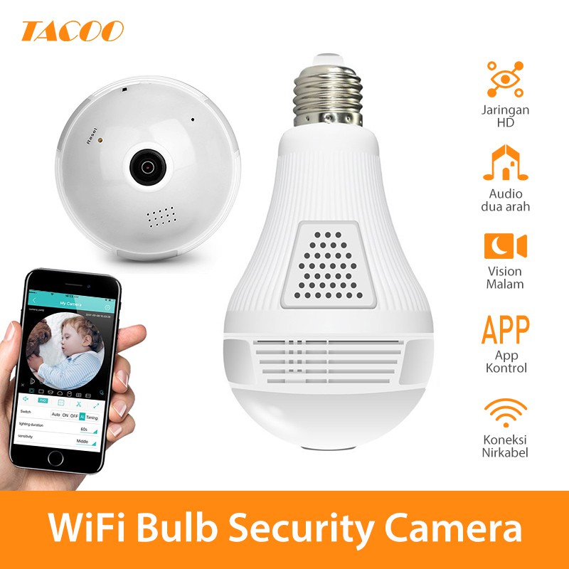 

TACOO Kamera CCTV Lampu Bohlam Panorama 360 Audio 2 Arah WiFi Wireless