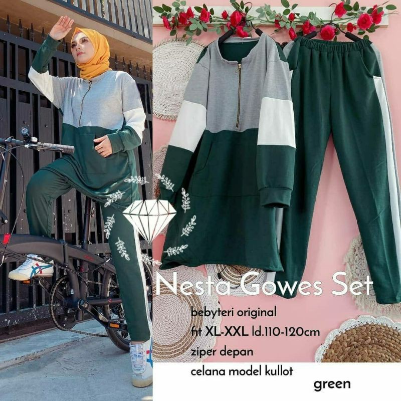 Setelan olahraga sepeda setelan Trening gowes set Nesta Muslim Babytery Jumbo Ld 120 Busui Resleting