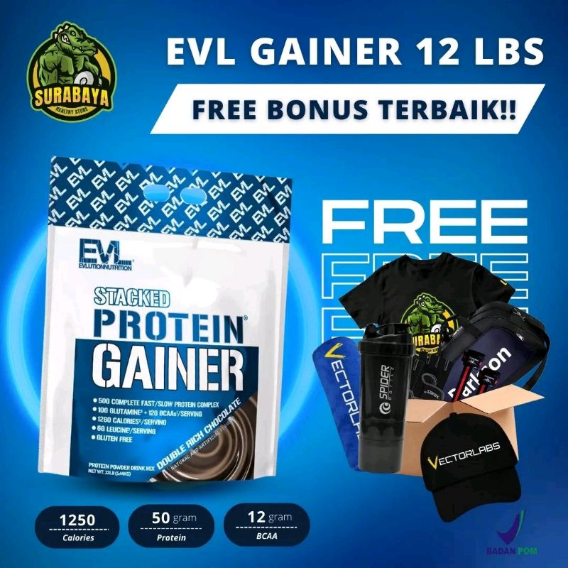 EVL Stacked Protein Gainer 12 Lbs Evlution Nutrition Weight Gain Mass Penambah Berat Badan