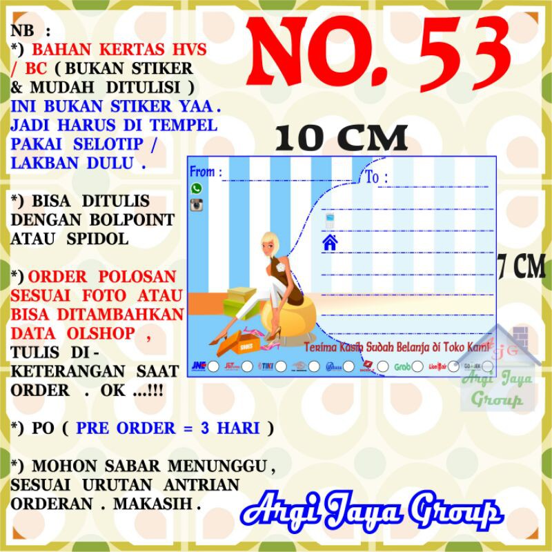 

Label Pengiriman Alamat Olshop Murah Nomer 53 - 10x7cm - Kertas BC (Manila)