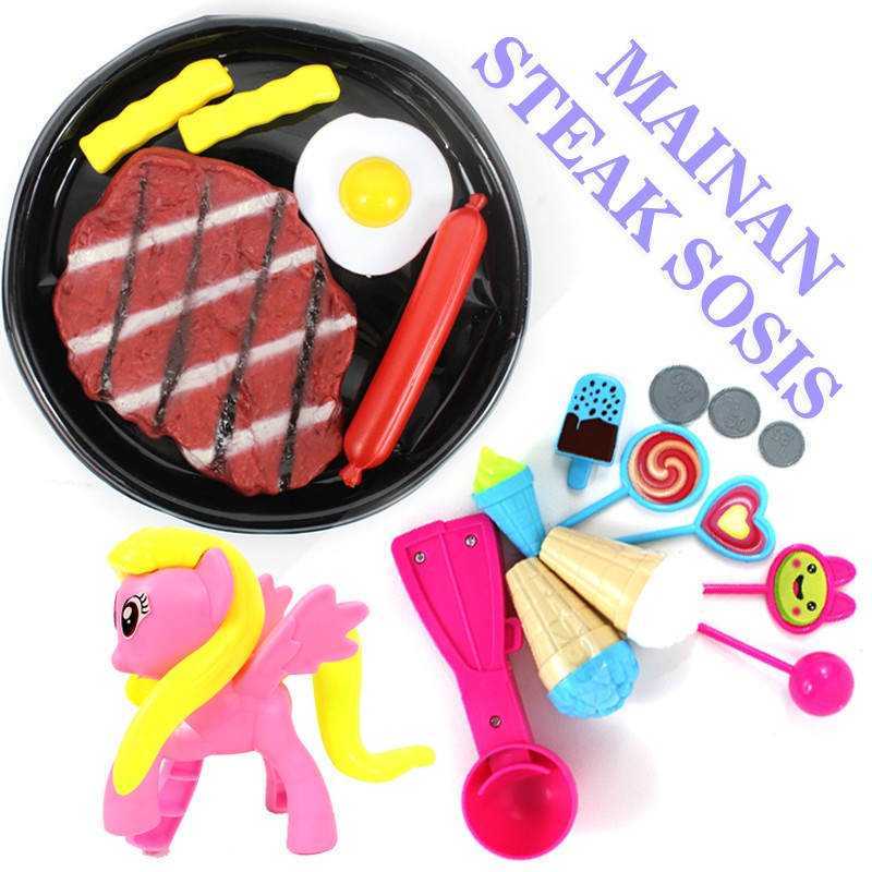 MAINANKEI ANAK MURAH KUDA PONI FI521 SET STEAK SOSIS ICE CREAM SET MEJA MAKAN MASAK MASAKAN