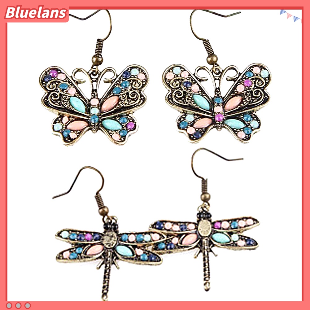 Bluelans Bohemian Women Butterfly Dragonfly Rhinestone Charm Hook Earrings Jewelry Gift