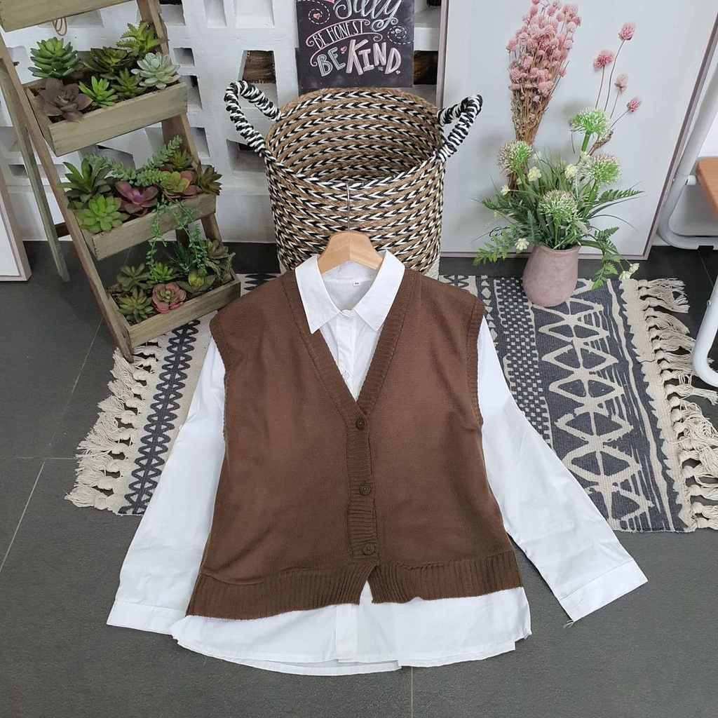 Button Vest Rajut Rompi Rajut Wanita Model Kancing Depan Style Korean