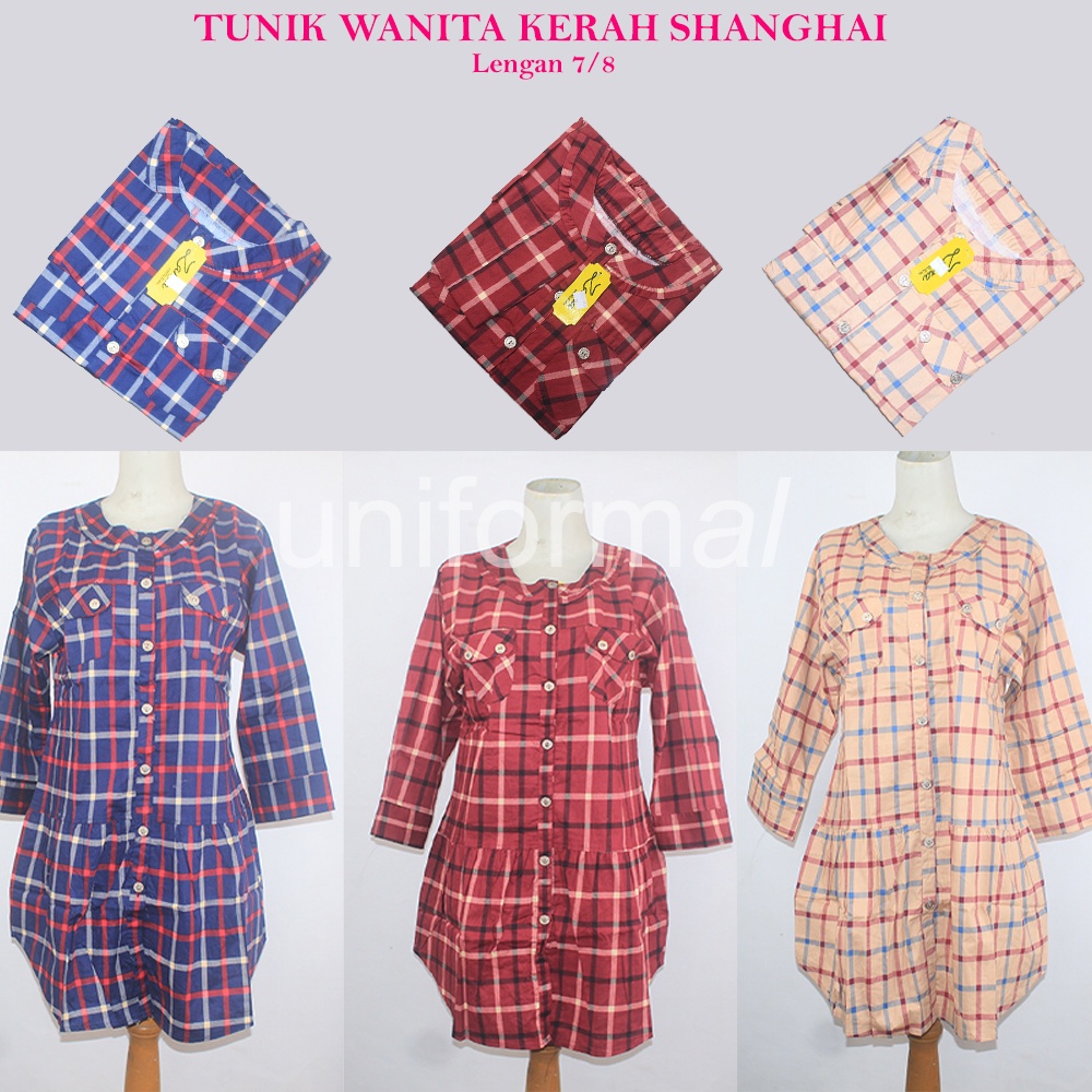 TUNIK BLOUSE WANITA KERAH SHANGHAI / KEMEJA HEM CEWEK MOTIF KOTAK KOTAK / KEKINIAN / LENGAN TANGAN 7/8 / BAJU MUSLIMAH