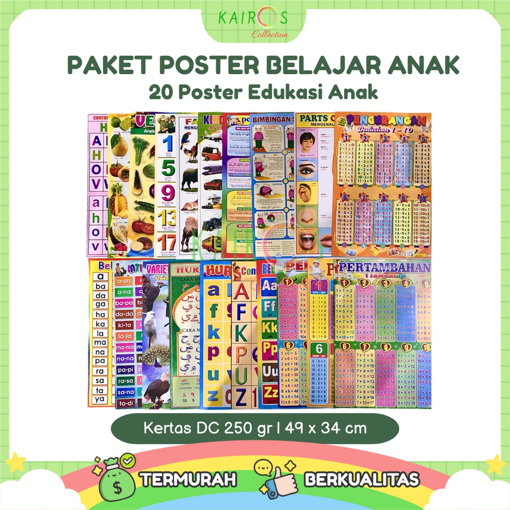 Poster 20 Edukasi Anak Belajar Aneka Hewan, Huruf, Angka, Matematika, Buah, Sayur