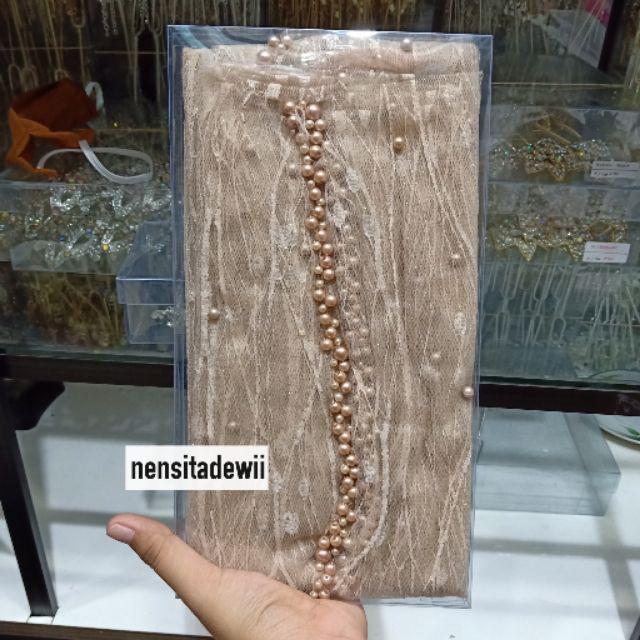 KERUDUNG PENGANTIN / VEIL MUTIARA MOTIF AKAR / VEIL MUTIARA POLOS / VEIL PENGANTIN-Mocca (Akar)