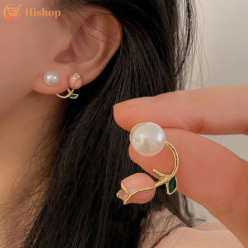 Anting Stud Bentuk Bunga Tulip Aksen Mutiara Warna Pink Gaya Korea Untuk Wanita