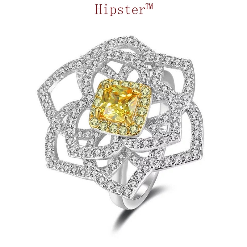 New Fashion Elegant Yellow Diamond Hollow-out Large Flower-Shaped Necklace Micro-Inlaid Flower Ring Set