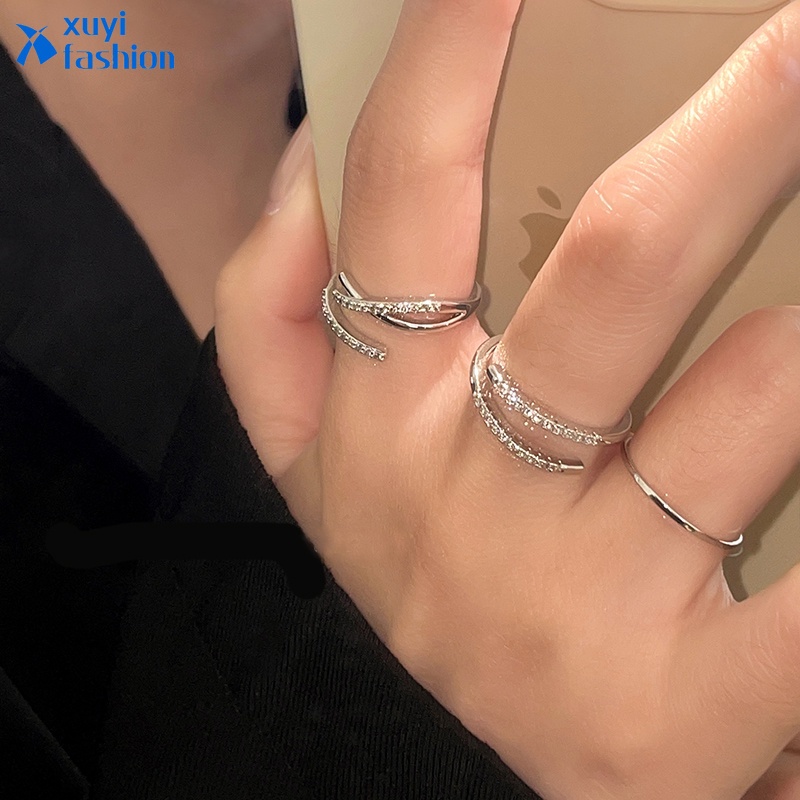 3pcs / Set Cincin Silver Model Terbuka Desain Silang Hias Kristal Untuk Wanita