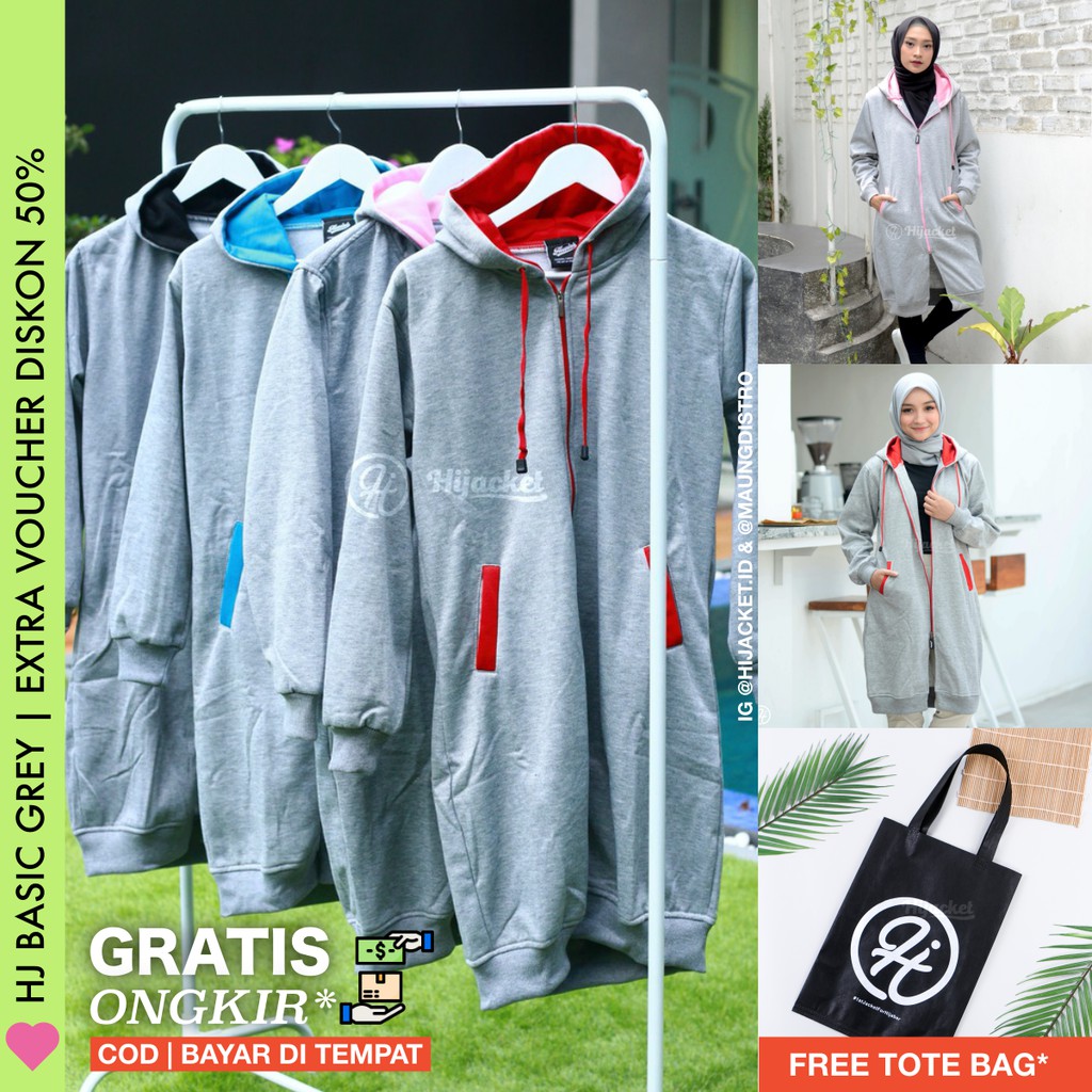 ❤︎ Hijacket ORIGINAL GREY 4 Varian - Jaket Hoodie Hijacket Wanita Panjang Muslimah Ala Korea Murah