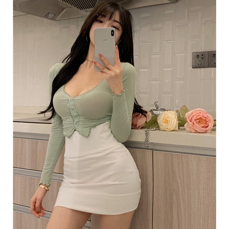 Seksi yang BaruVCollar Slim Fit Jamur Lengan PanjangTKaos Wanita+Peregangan Putih Hip Rok Fashion Du