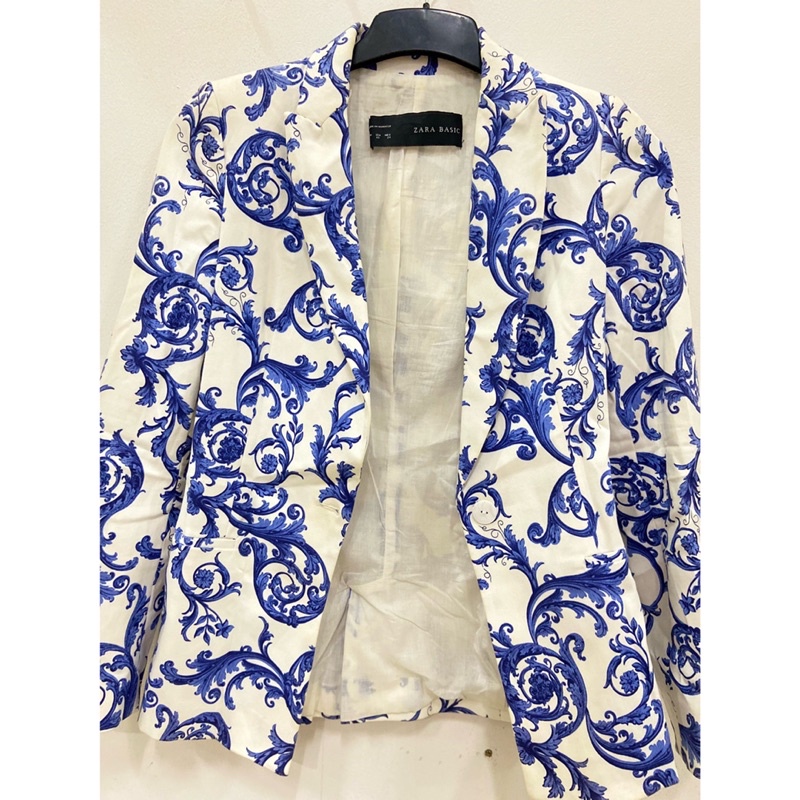 [Zara Basic] Blazer Motif Putih Biru Basic Formal PRELOVED MURAH