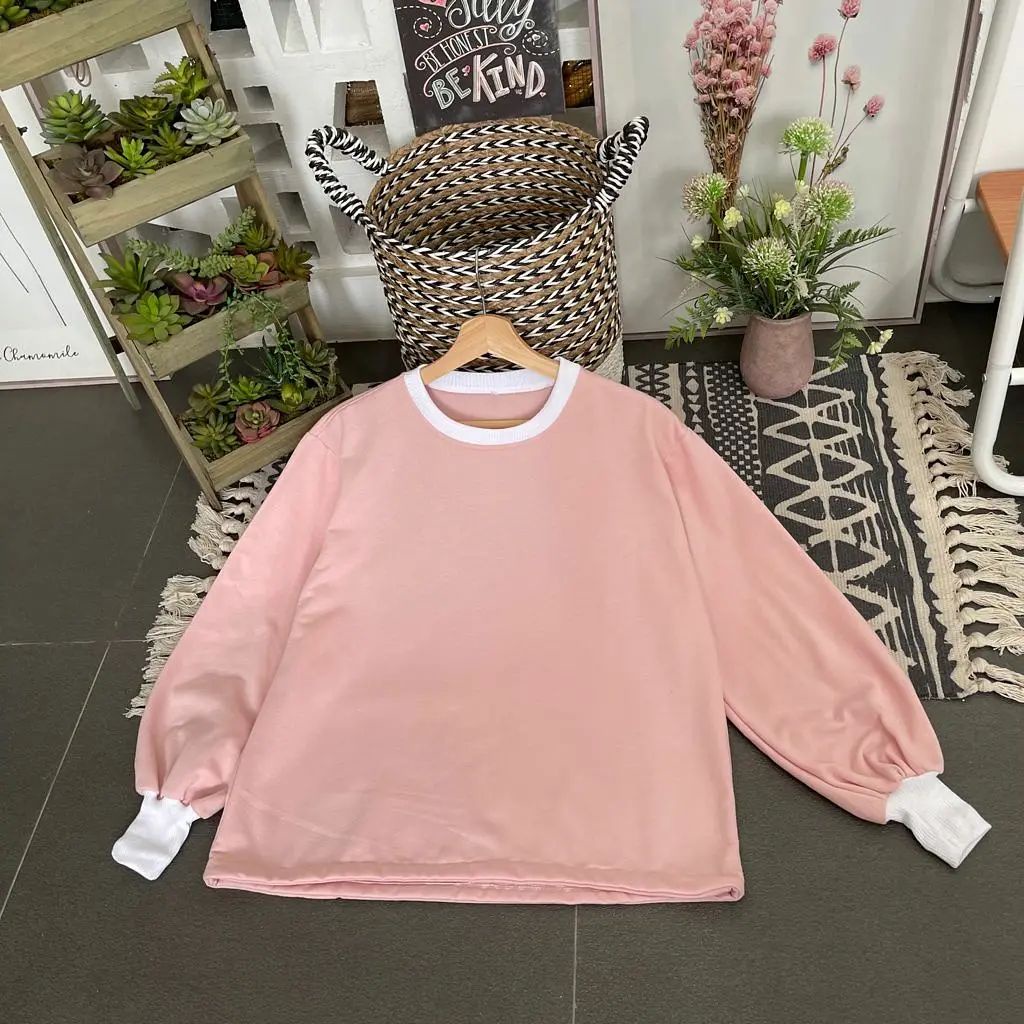 Volc Sweater Wanita Korean Style Sweatshirt Polos Warna Pastel Bahan Fleece