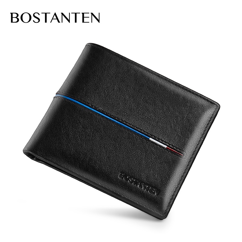 BOSTANTEN Dompet Pria Classic Kulit Sapi Asli Hitam/Coklat-Garis Biru + BOX