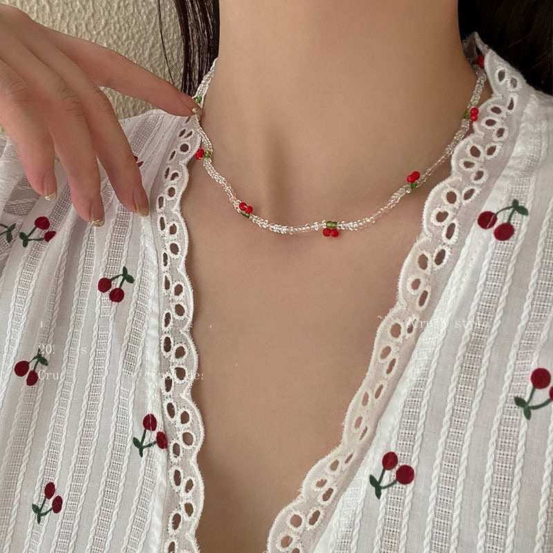 Korean Fashion Bead Cherry Necklaces Retro Pearl Choker Charm Necklace Women Jewelry Accessories Gift