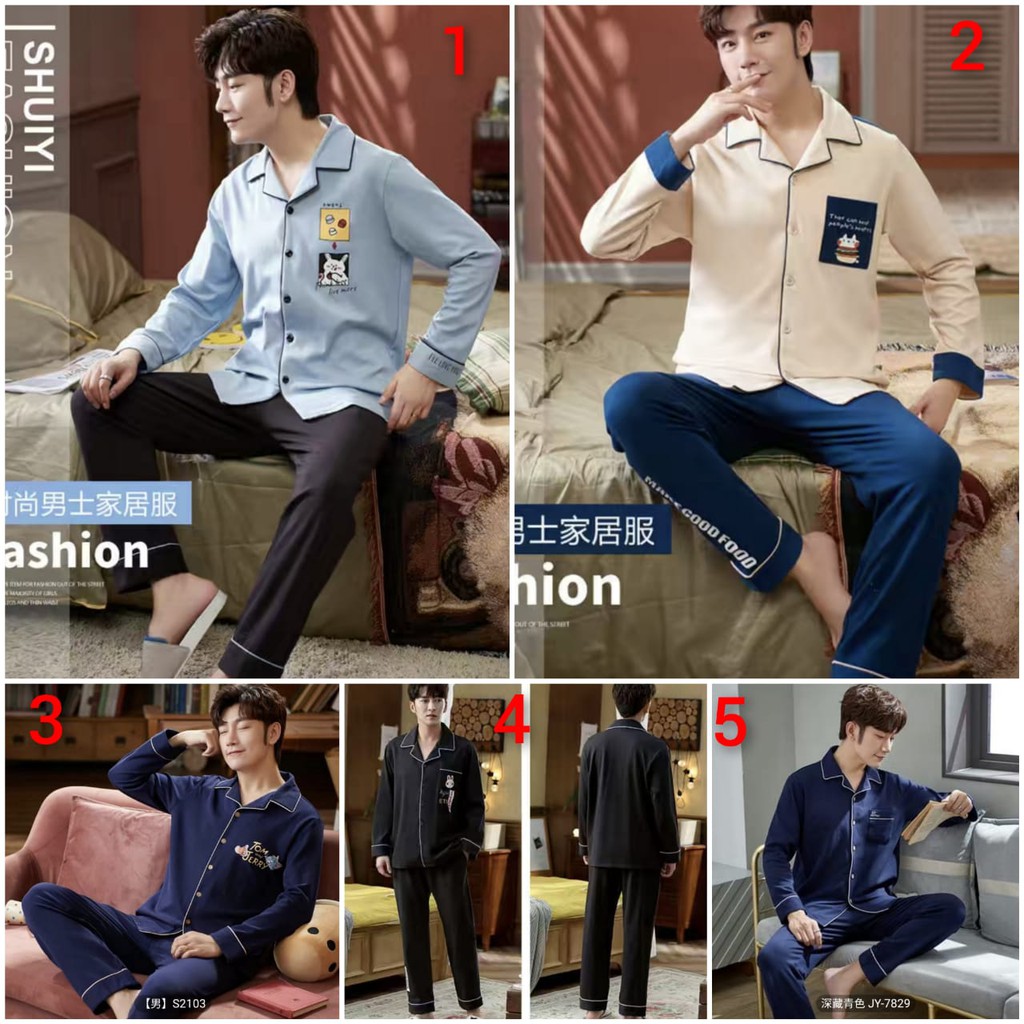BAJU TIDUR PIYAMA LAKI LAKI PP KAOS HALUS TEBAL ADEM IMPORT BERKUALITAS MOTIF KRA KANCING LIMA LENGAN PANJANG SETELAN CELANA PANJANG WARNA TERBARU BIRU PASTEL SIZE L-XXXL FIT TO 85KG