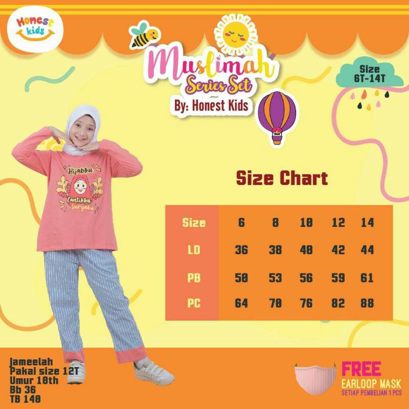 Honestkids Muslimah Series Set Setelan Kaos Anak Perempuan