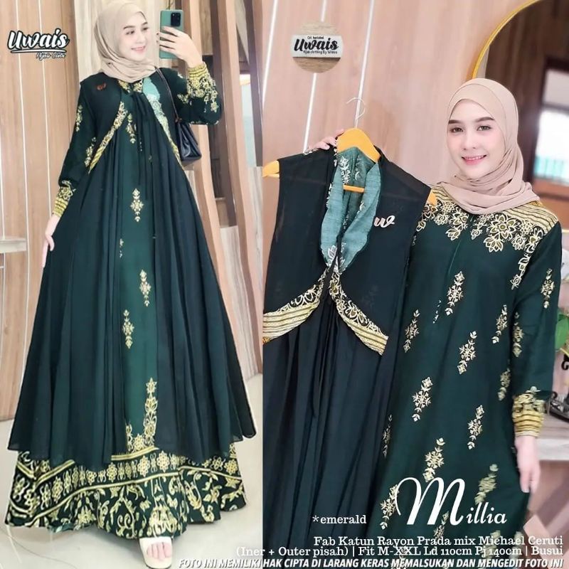 Pakaian wanita//Gamis set outer//Millia Dress by Uwais//Gamis terbaru 2021//