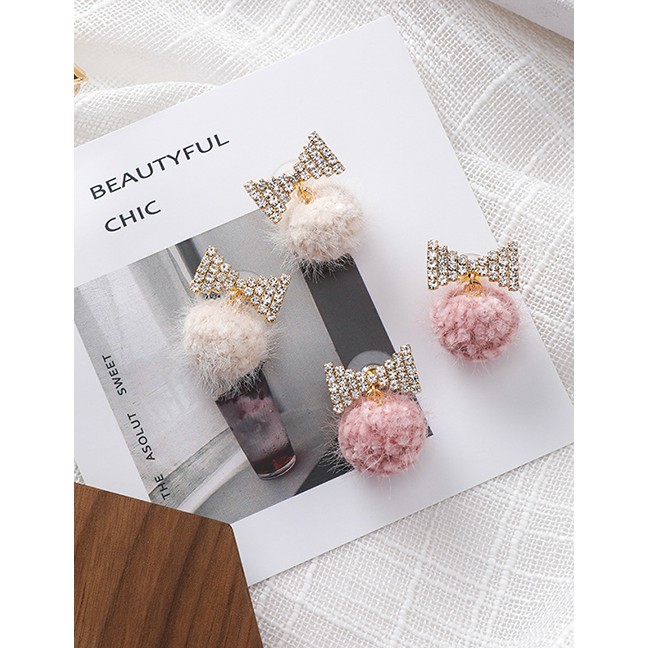 LRC Anting Tusuk Fashion Pink 925 Silver Pin With Rhinestone Bow Ball Earrings D48784