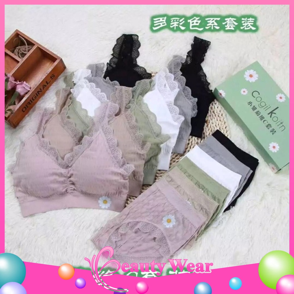 Bra Dan Celana Dalam Set Pakaian Dalam Wanita Renda Motif Bunga Daisy Fashion Korea 𝓑𝓦 497